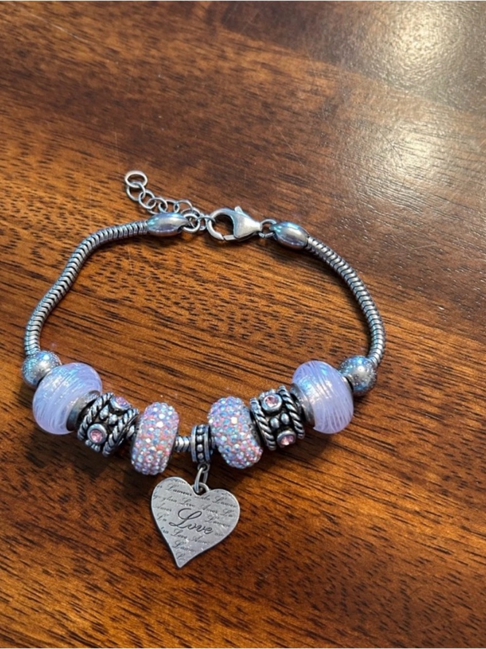 Silver Bracelet with Pink Beads and Heart Charm